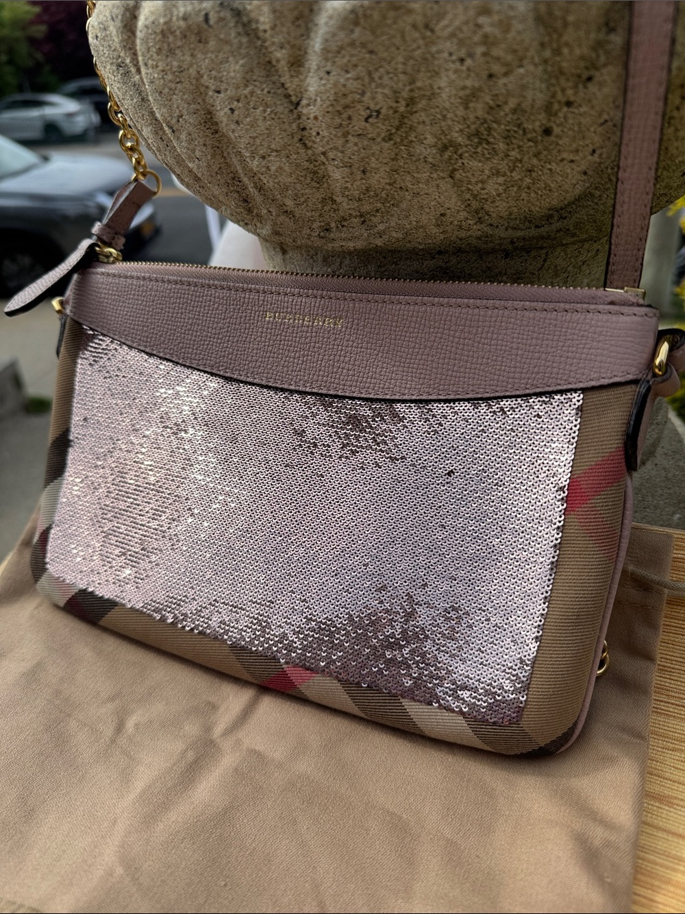 Burberry Pink Sequin Check Canvas Crossbody Purse